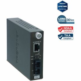 TRENDnet Intelligent 10/100Base-TX to 100Base-FX Single Mode SC Fiber Media Converter (30Km /18.6 Miles);Full-Duplex Mode; RJ-45 port; Fiber to Ethernet Converter; Lifetime Protection; TFC-110S30i