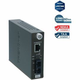 TRENDnet Intelligent 10/100Base-TX to 100Base-FX Single Mode SC Fiber Media Converter (60Km /37.3 Miles); Auto-Negotiation; RJ-45 port; Fiber to Ethernet Converter;Lifetime Protection; TFC-110S60i