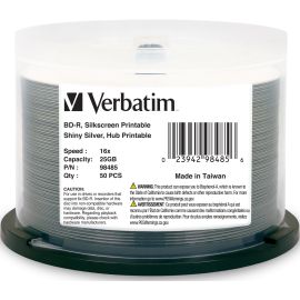 BD-R 25GB 16X Shiny Silver Silk Screen Printable, Hub Printable - 50pk Spindle