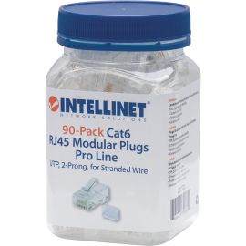 Intellinet Network Solutions Cat6 RJ45 Modular Plugs, 2-Prong, UTP, For Stranded Wire, 90 Plugs and Liners in Jar