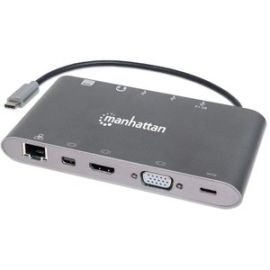 Manhattan USB-C Dock/Hub with Card Reader, Ports (x8): USB-C to HDMI, Audio 3.5mm, Ethernet, Mini DisplayPort, USB-A (x3) and USB-C, With Power Delivery to USB-C Port (60W), Cable 20cm, Aluminium, Grey, Three Year Warranty,