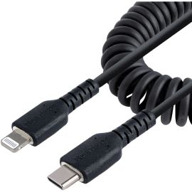 StarTech.com 1m (3ft) USB C to Lightning Cable, MFi Certified, Coiled iPhone Charger Cable, Black, Durable TPE Jacket Aramid Fiber