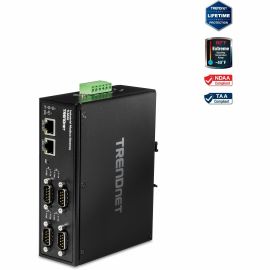 TRENDnet 4-Port Fast Ethernet Industrial Modbus Gateway, 4 x Serial DB-9 Ports, 2 x Fast Ethernet Ports, Up to 100m (328 ft), IP30 Rated Housing, Extreme Temperature Protection, Black, TI-M42